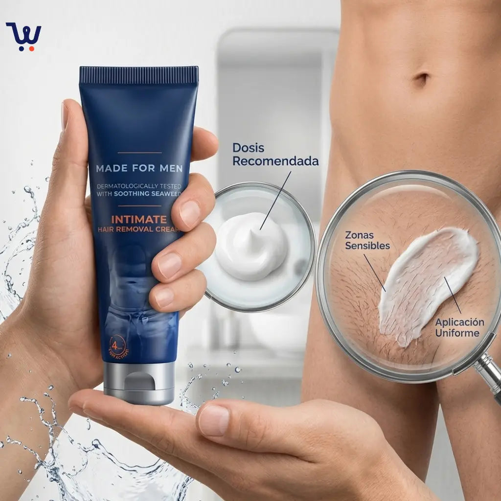 Hombre con piel suave y confianza después de usar crema depilatoria íntima DDD - resultado impecable