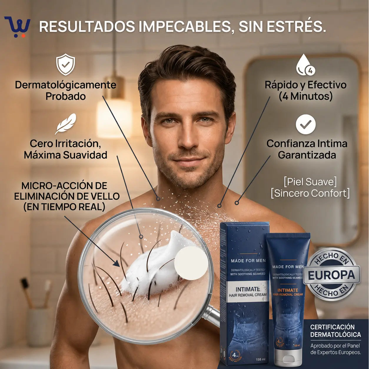 Crema depilatoria íntima DDD - oferta especial con certificación dermatológica europea, acción rápida 3 minutos