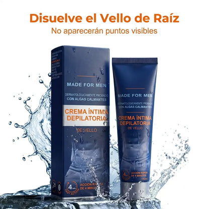 Depilador íntimo DDD - empaque y tubo de crema depilatoria para hombres, azul marino, con splash de agua