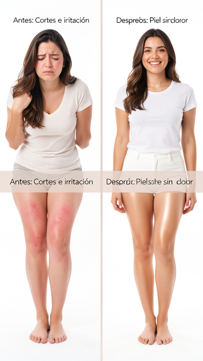 Antes y después de la depilación - piel irritada vs piel suave con crema depilatoria DDD