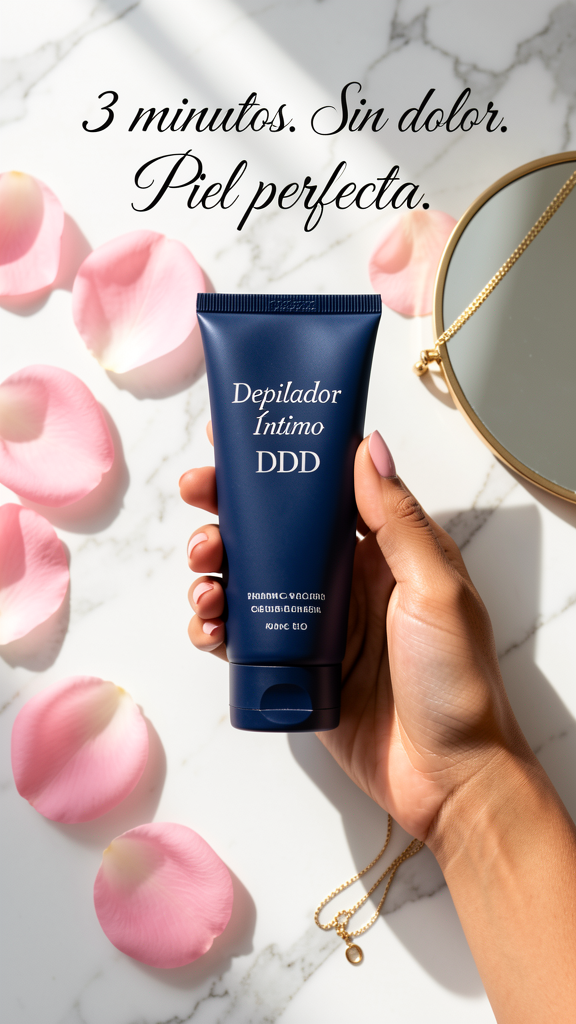 Mujer usando crema depilatoria DDD - 3 minutos, sin dolor, piel perfecta - estilo flatlay